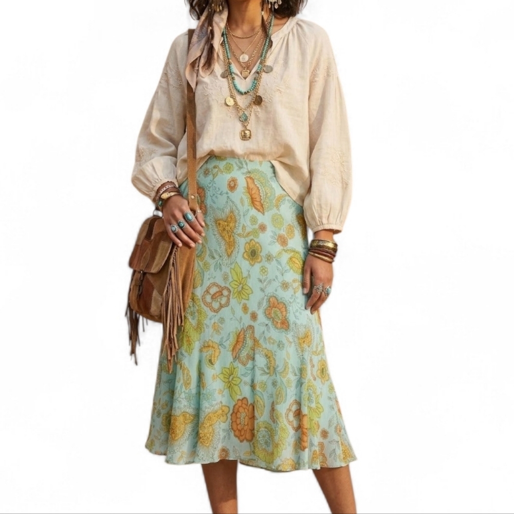 Vintage M.D.L. 90s Y2K Fairycore Blue Floral Gold Shimmer Midi Skirt